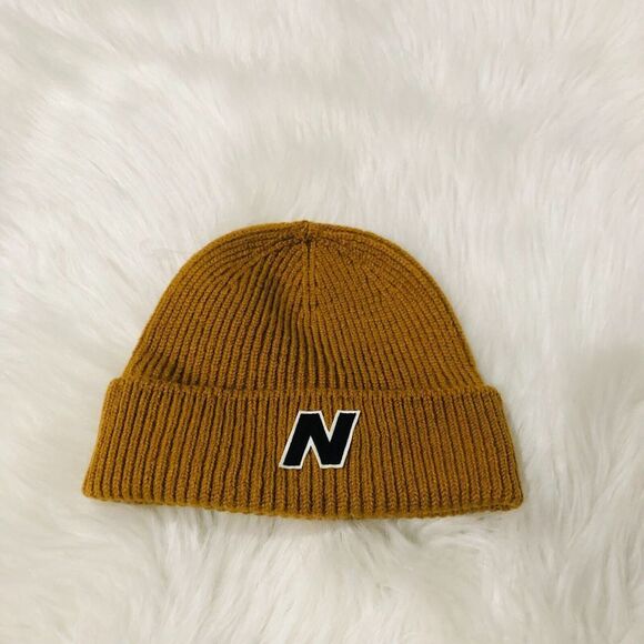 New Balance Ribbed Knit Fleece Lined Cuffed Beanie Mustard Yellow Wool Blend OSZ - Picture 4 of 7